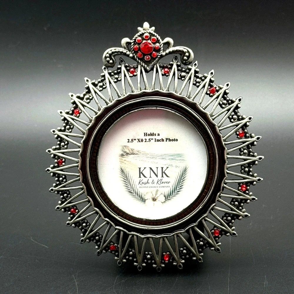 Jeweled Crown Picture Frame Silver Tone Red‎ Rhinestone Coastal Glam 2.5